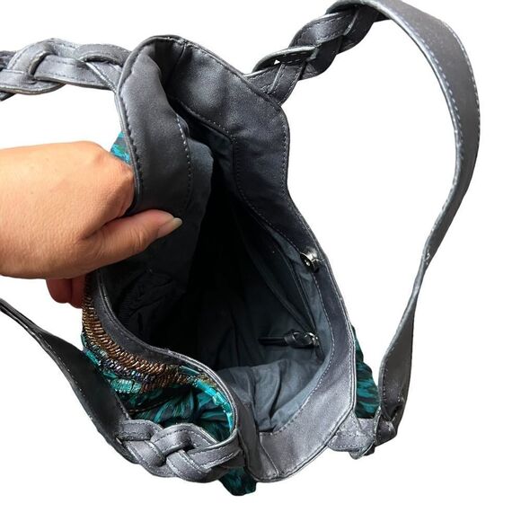 Chico’s Black And Teal Silk Chiffon Beaded Handbag - Picture 11 of 14